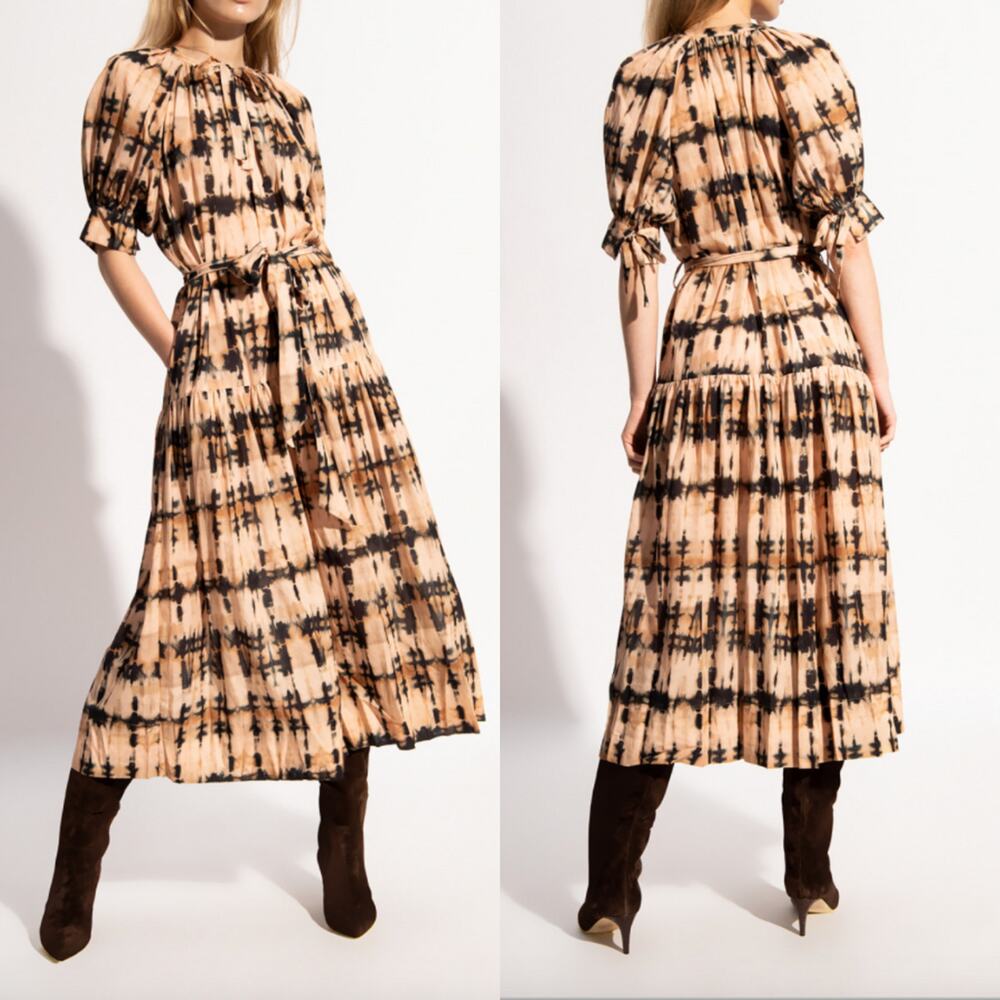 Ulla Johnson Selena Puff Sleeve Midi Dress in Desert Palm Neutral Tie-Dye